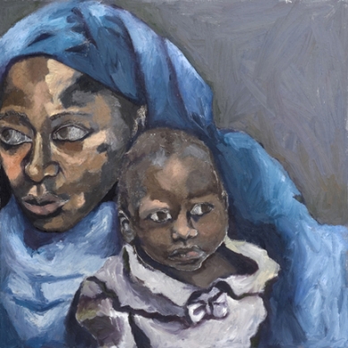 Amina Lawal and her daughter Wasila, oil and cold wax painting by Chicago artist Andrea Harris